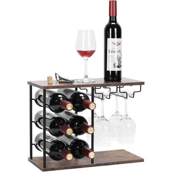 Countertop Wine Rack, Freestanding Wine Bottle Rack with Glass Holder, Wooden Wine Holder with Tray for Home Bar Tabletop Kitchen Cabinet, Hold 6 Bottles and 4 Glasses