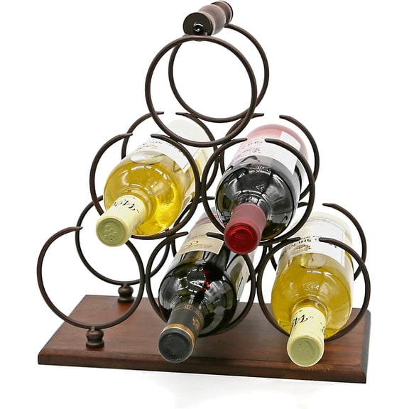 Countertop Wine Rack, Tabletop 6 Bottles Wood Wine Holder, Sturdy Handle, 3-Tier Rustic Classic Design, Simple Assembly, Wood & Metal