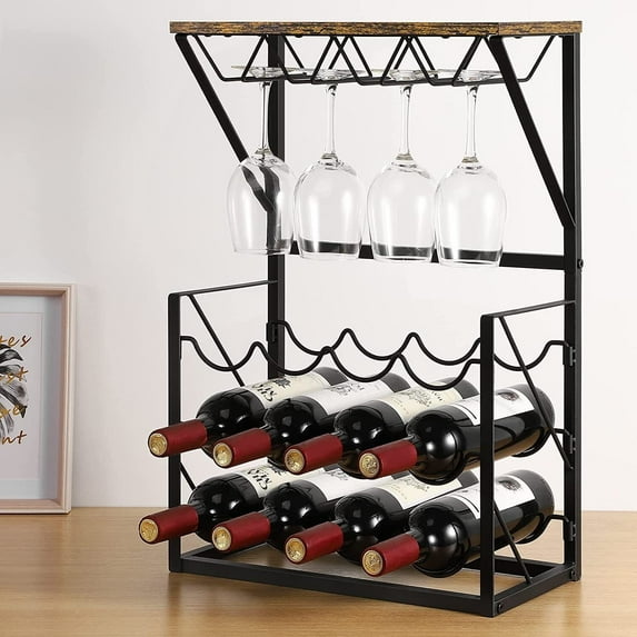 Countertop Wine Rack w/Glass Holder Wine Holder Stand Storage for Pantry Cabinet