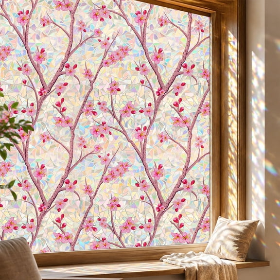 Countewol Rainbow Static Cling Window Film, Stained Glass Privacy Film with Sakura Pattern, Anti-Glare UV Protection, Removable Decorative Window Clings for Home