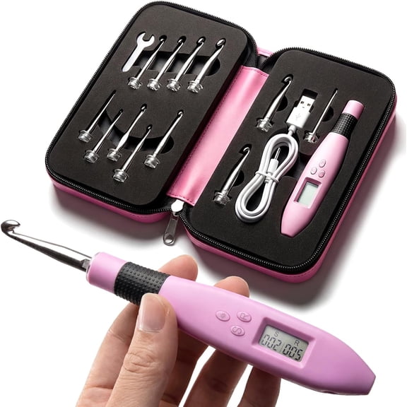 Counting Crochet Hook Set, 12-in-1 Light-Up Rechargeable Crochet Hooks with Digital Stitch & Row Counter, 2.0-14.0 mm Interchangeable Hooks, Ergonomic Handle, Storage Case, Gift for Beginners