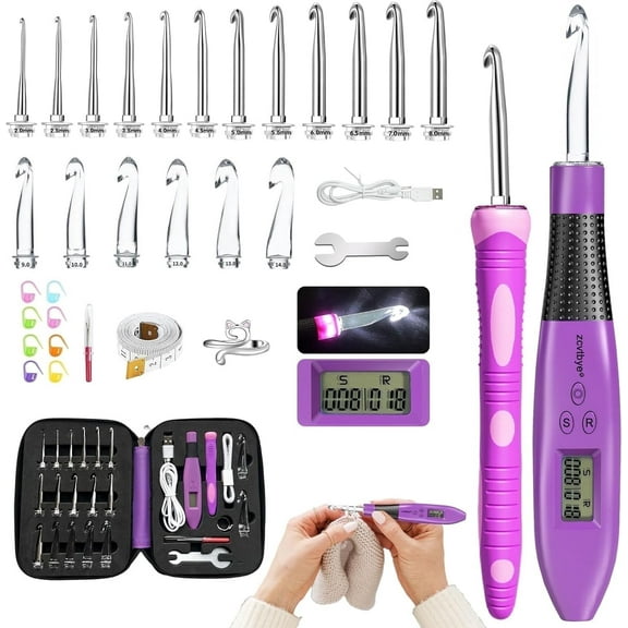 Counting Crochet Hook Set Digital,Ergonomic Crochet Hooks with LED Light and Digital Stitch Counter, Beginner Knitting Kit with 18 Interchangeable Crochet Hooks