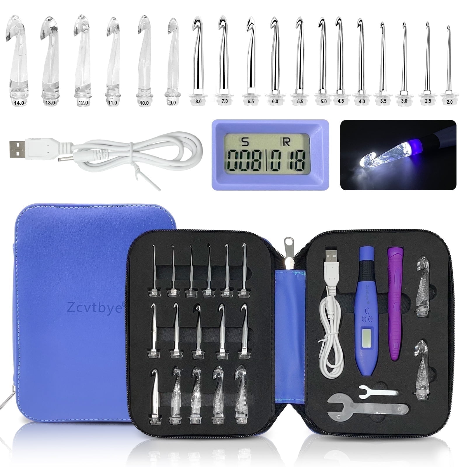 Counting Crochet Hook Set Digital,Ergonomic Crochet Hooks with LED Light and Digital Stitch Counter, Beginner Knitting Kit with 18 Interchangeable Crochet Hooks