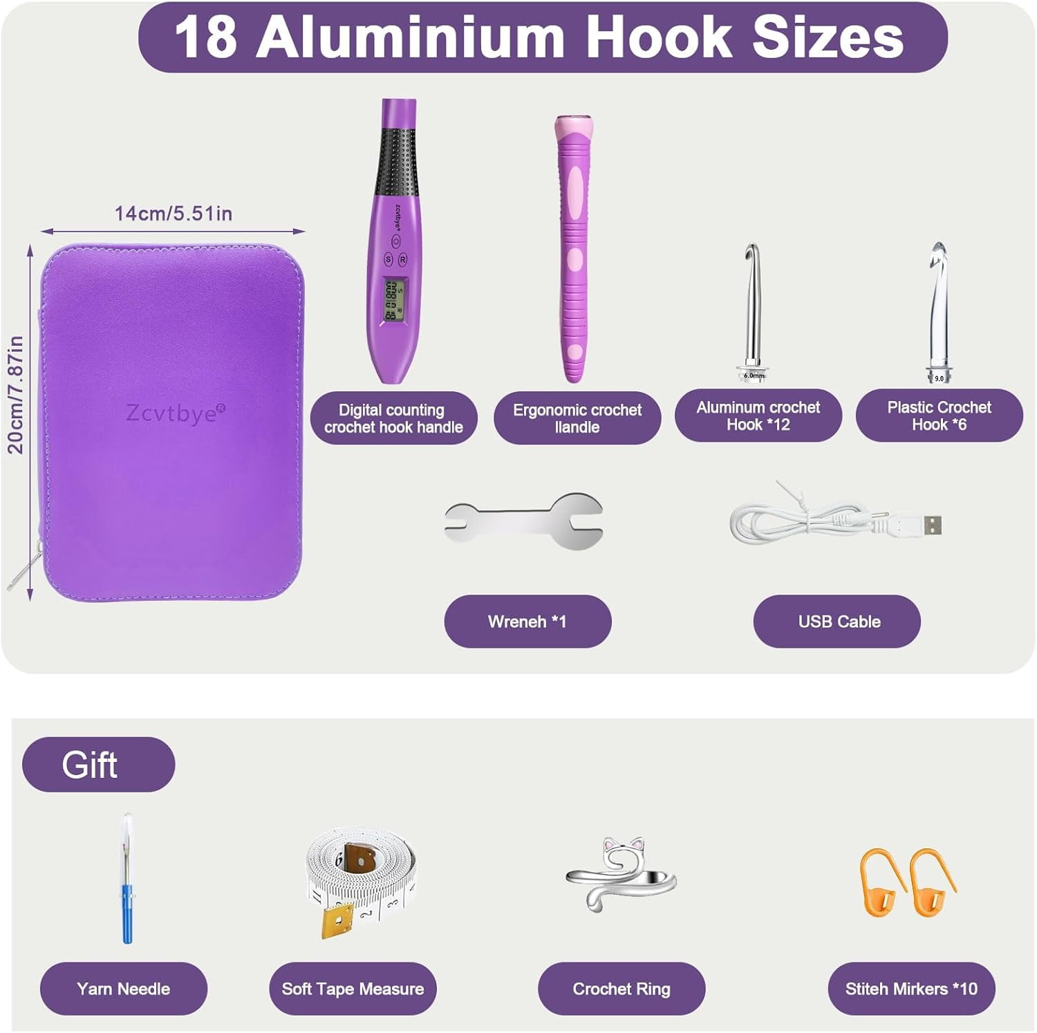Counting Crochet Hook Set with Light & Counter -18 Size Light up Crochet Hooks - Ergonomic for Arthritic Hands, Digital Stitch & Row Counter - Interchangeable Hooks Kit - Perfect Gift