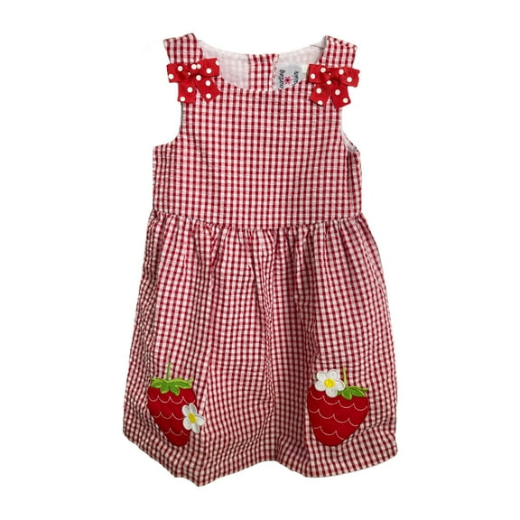 Counting Daisies Girl's Seersucker Ruffled Collar Sleeveless Dress (Red/Strawberries, 18M)