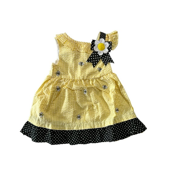 Counting Daisies Girl's Seersucker Ruffled Collar Sleeveless Dress (Yellow-Black/Bees, 2T)