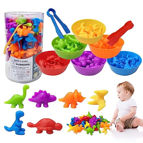 Counting Dinosaurs Matching Game Color Sorting Toys with Sorting Bowls Montessori STEM Color Classification Sensory Training Early Educational Preschool Learning Toys for Toddlers Kids Ages 3 4 5