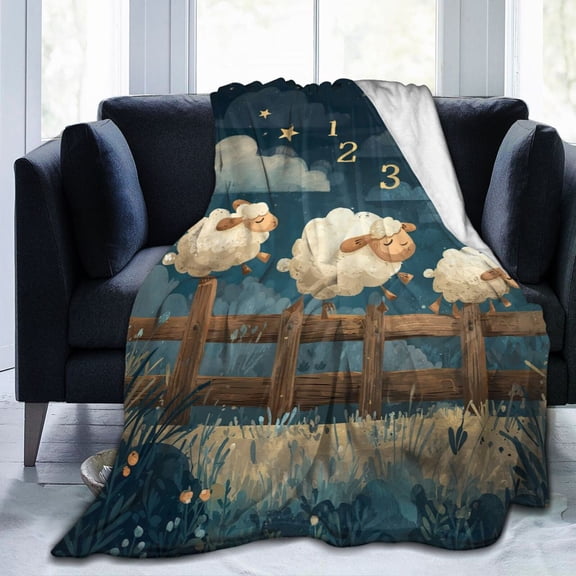 Counting Sheep Sleep Throw Blanket, Jumping Fence Night Artwork, Calm and Cozy Home Decor 80x60