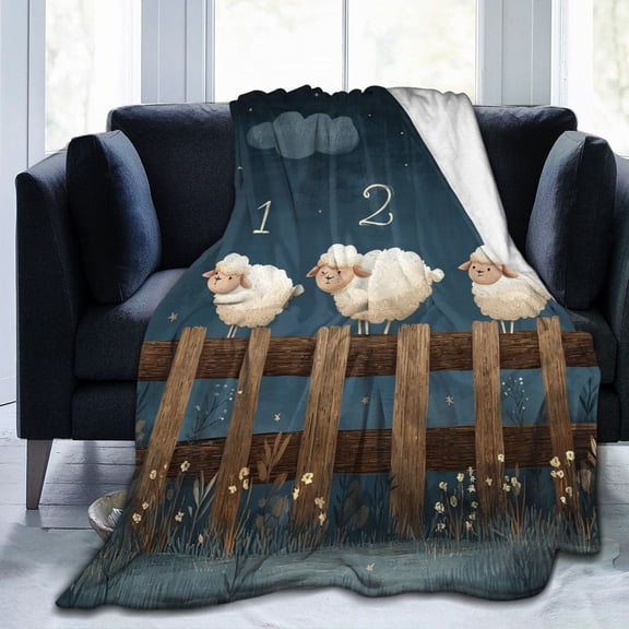 Counting Sheep Sleep Throw Blanket, Jumping Fence Night Artwork, Calm and Cozy Home Decor 80x60