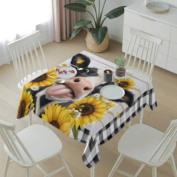Country Abstract Cow Buffalo Check Table Cloth 54x54in, Waterproof Square Tablecloth Wipeable Tablecloths Farmhouse Flower Wood Board Table Covers for Dining Tables Party Indoor Outdoor
