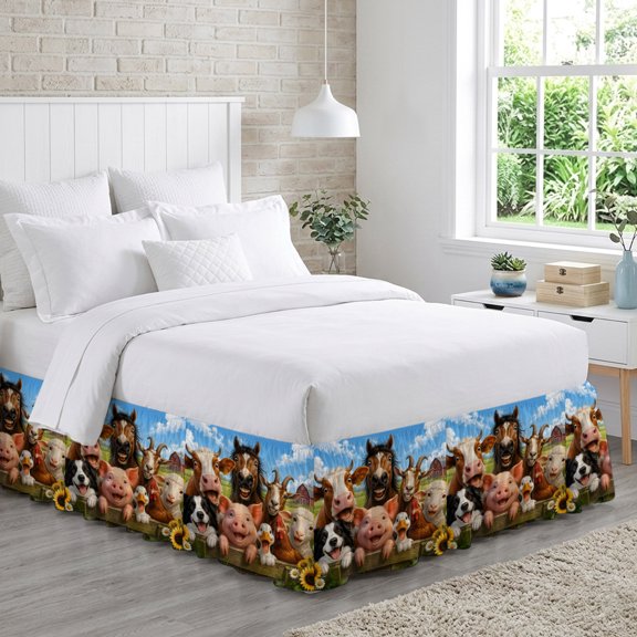 Country Animal Bed Skirt California King Size 18 Inch Drop, Horse Cow Pig Dog Rooster Farmhouse Adjustable Elastic Dust Ruffles Bedskirt Wrap Around Pleated Mattress Frame Cover