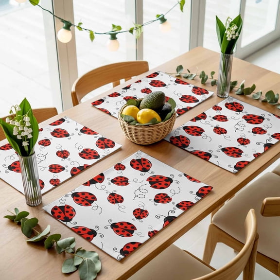 Country Animal Ladybug Placemats Set of 4,Wipeable Washable Table Mats for Dining Tables, Watercolor Red and Black Place Mats for Kitchen Event Party Tabletop Decor