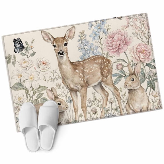 Country Animals Entryway Rug 2x3 Area Rug Washable Indoor Doormat Small Bathroom Rugs Non-Slip Accent Throw Rugs Rabbits Deer Rustic Wildflowers Pastoral Floor Carpet for Kitchen Bedroom Entrance