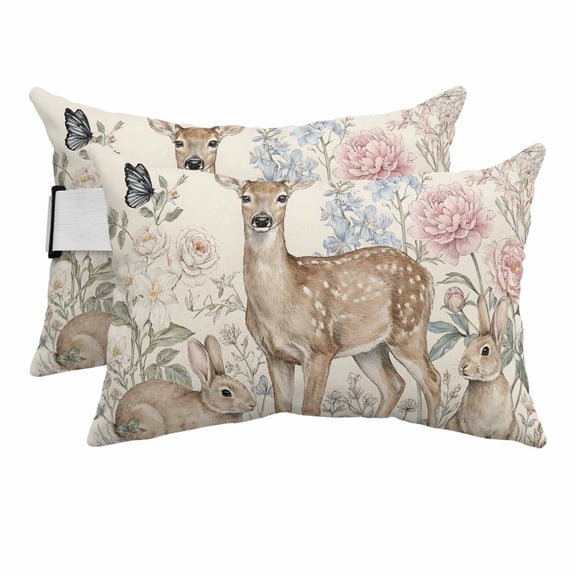 Country Animals Outdoor Pillows for Chaise Lounge Chair Beach Headrest Pillow Set of 2 Waterproof Lumbar Pillows with Insert&Strap Rabbits Deer Rustic Wildflowers Pastoral Pool Pillow 12"x20"