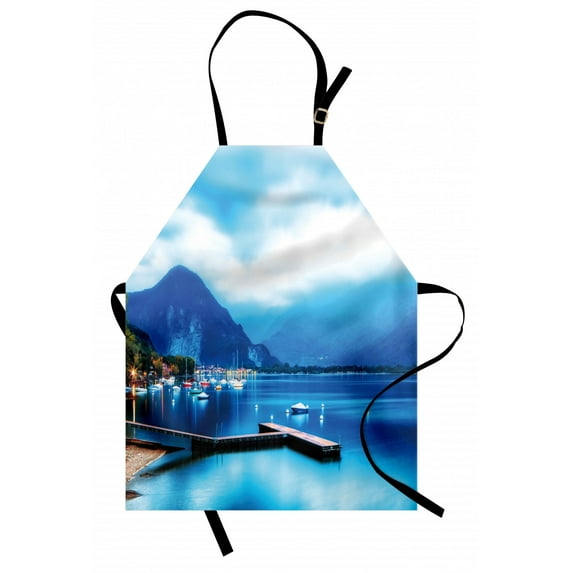 Country Apron Italian Village with Harbor and Sail Boats Magical Countryside Cottage Life Rural Photo, Unisex Kitchen Bib Apron with Adjustable Neck for Cooking Baking Gardening, Blue, by Ambesonne
