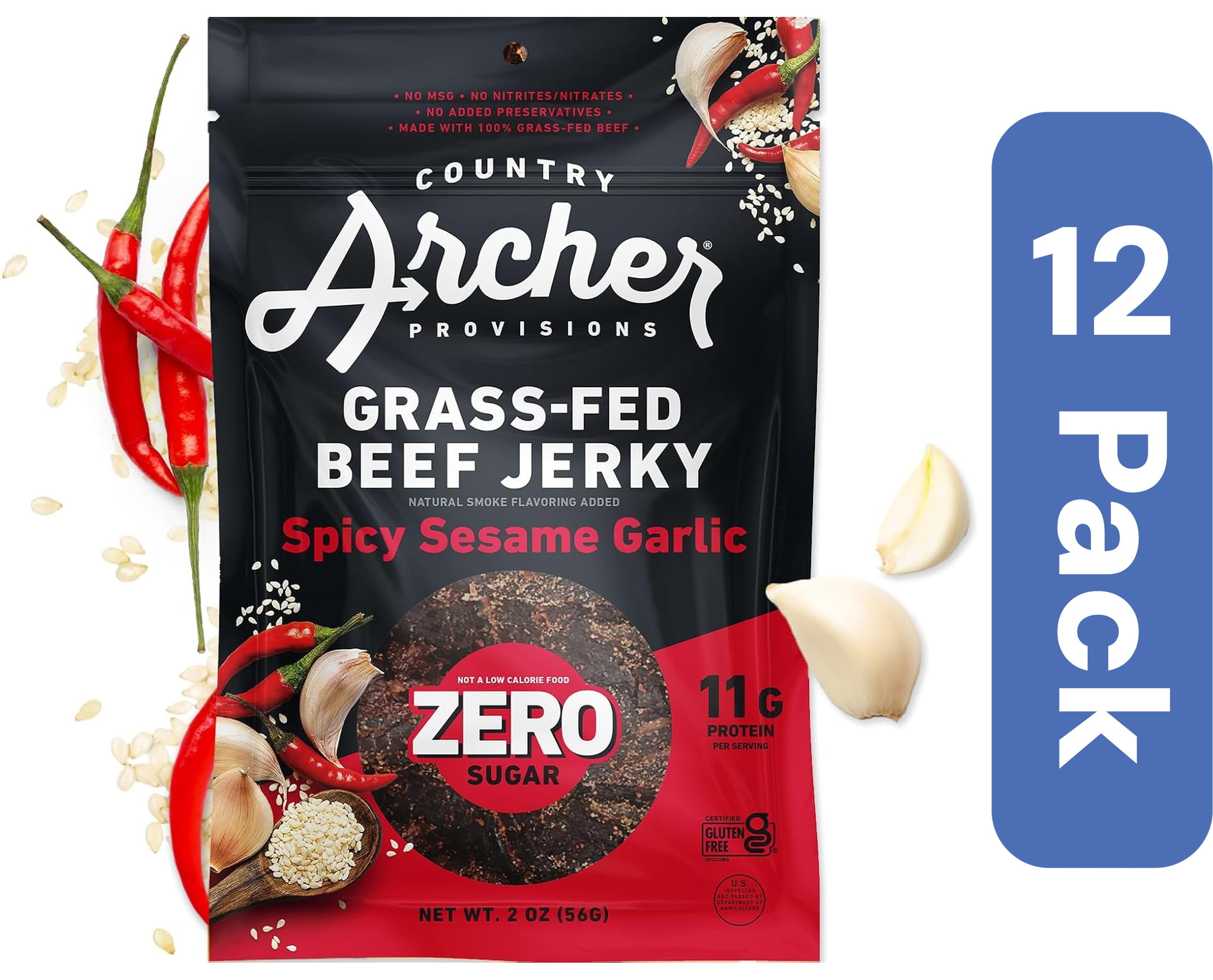 Country Archer - Beef Jerky Spicy Sesame Garlic Zero 2 Ounces Pack of 12
