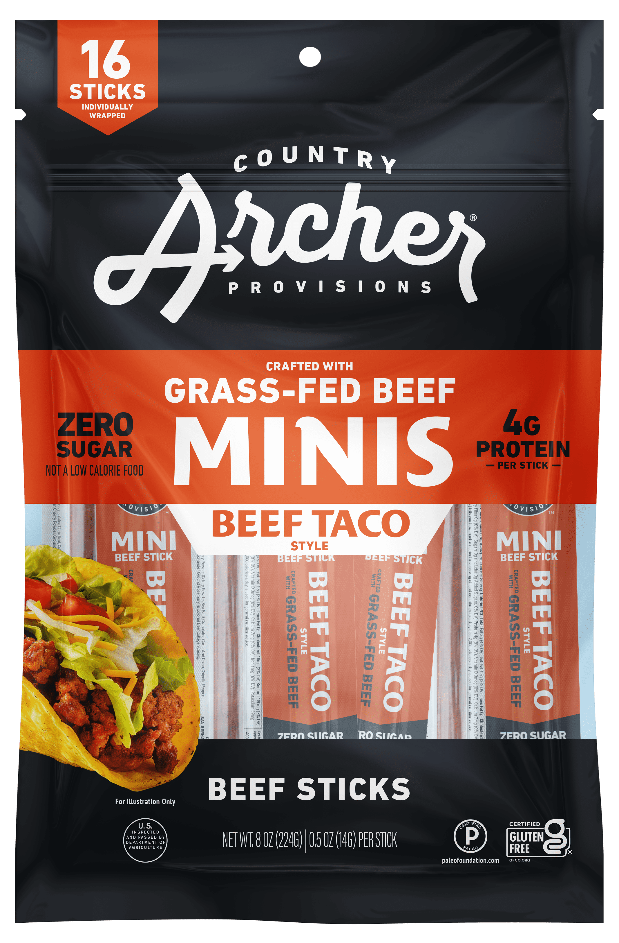Archer Beef Taco Mini Sticks 0.5oz 16 Count Bag