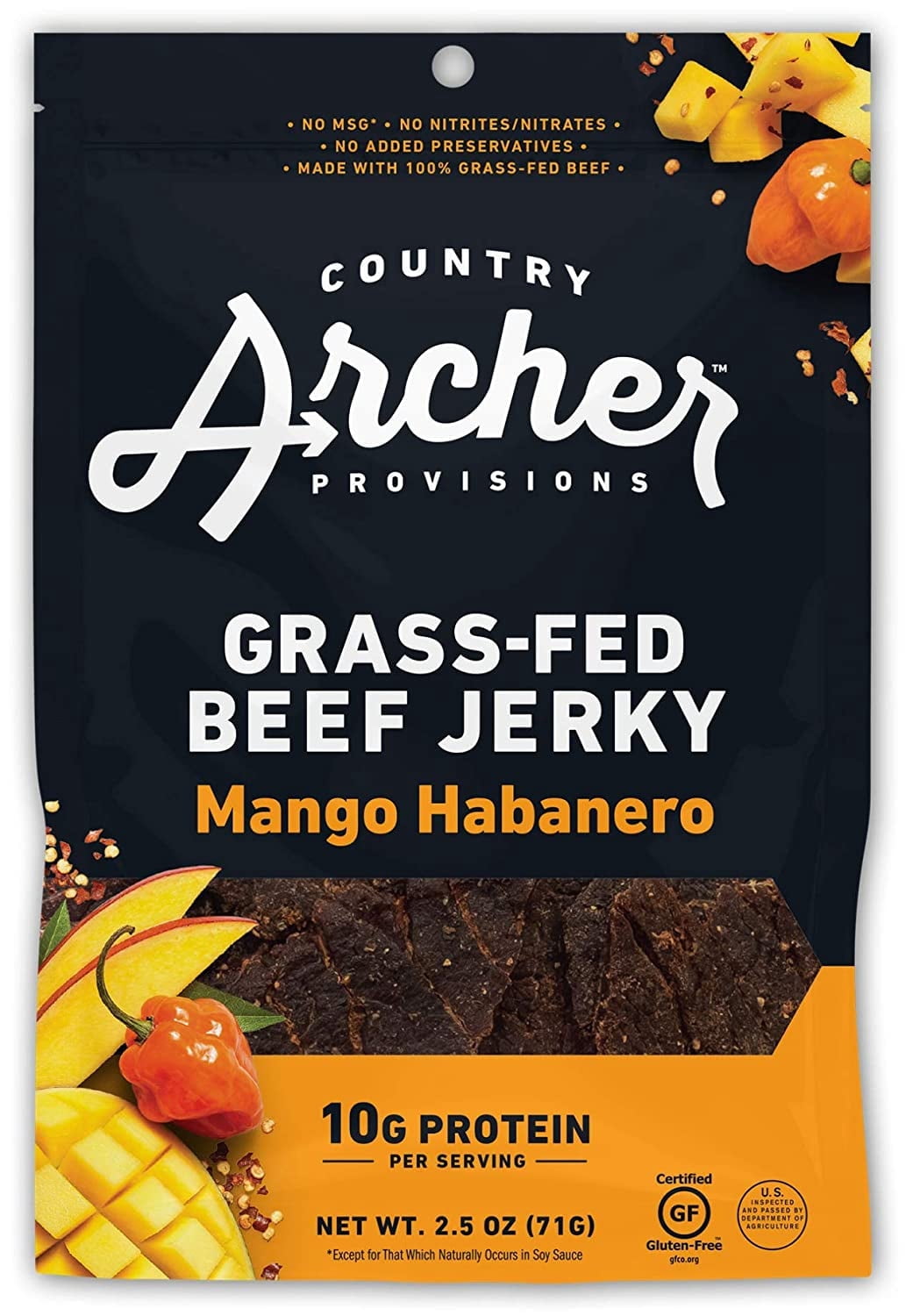 Country Archer Gluten Free Grass-Fed Beef Jerky Mango Habanero - 2.5 oz Pack of 3