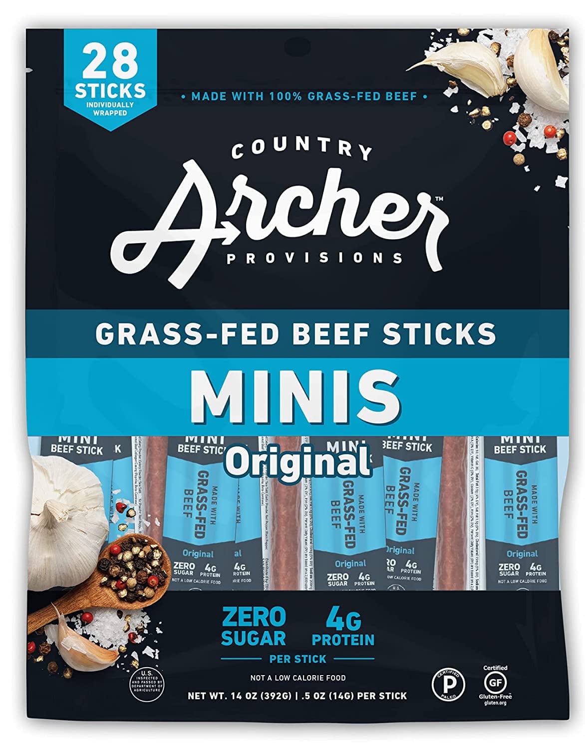 Original Mini Jerky Beef Sticks by Country Archer, 100% Grass-Fed, Gluten Free, High Protein Snacks, .5 Ounce, 28 Count