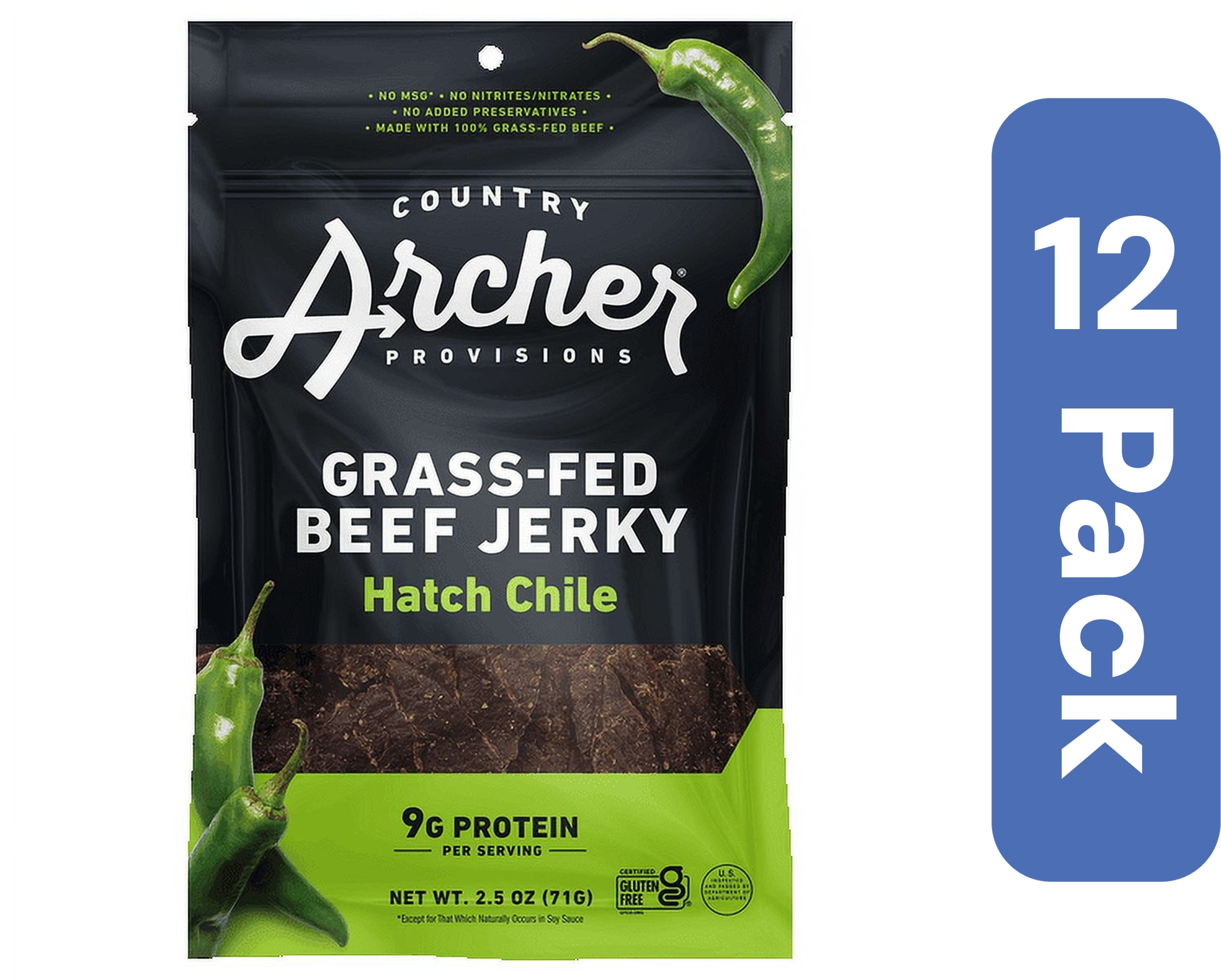 Country Archer Jerky Beef Hatch Chile 2.5 Ounces Pack Of 12