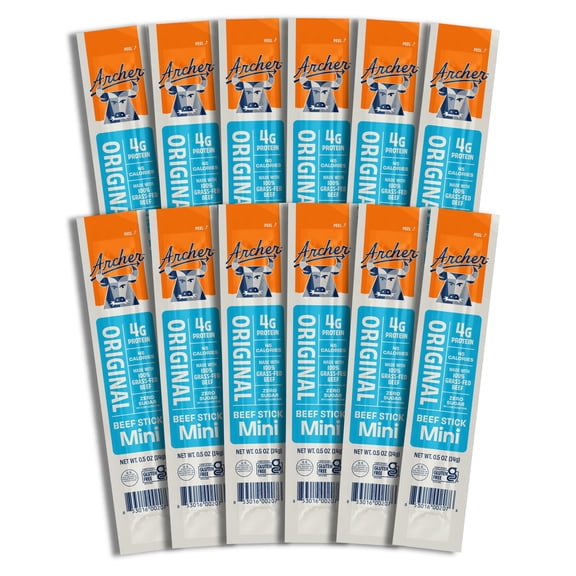 Archer Jerky Mini Beef BCF26 Jerky Sticks - Grass Fed Beef Sticks Individually Wrapped, Bulk Snack Packs, Gluten Free, Paleo, Keto - .5 oz (Pack of 12)