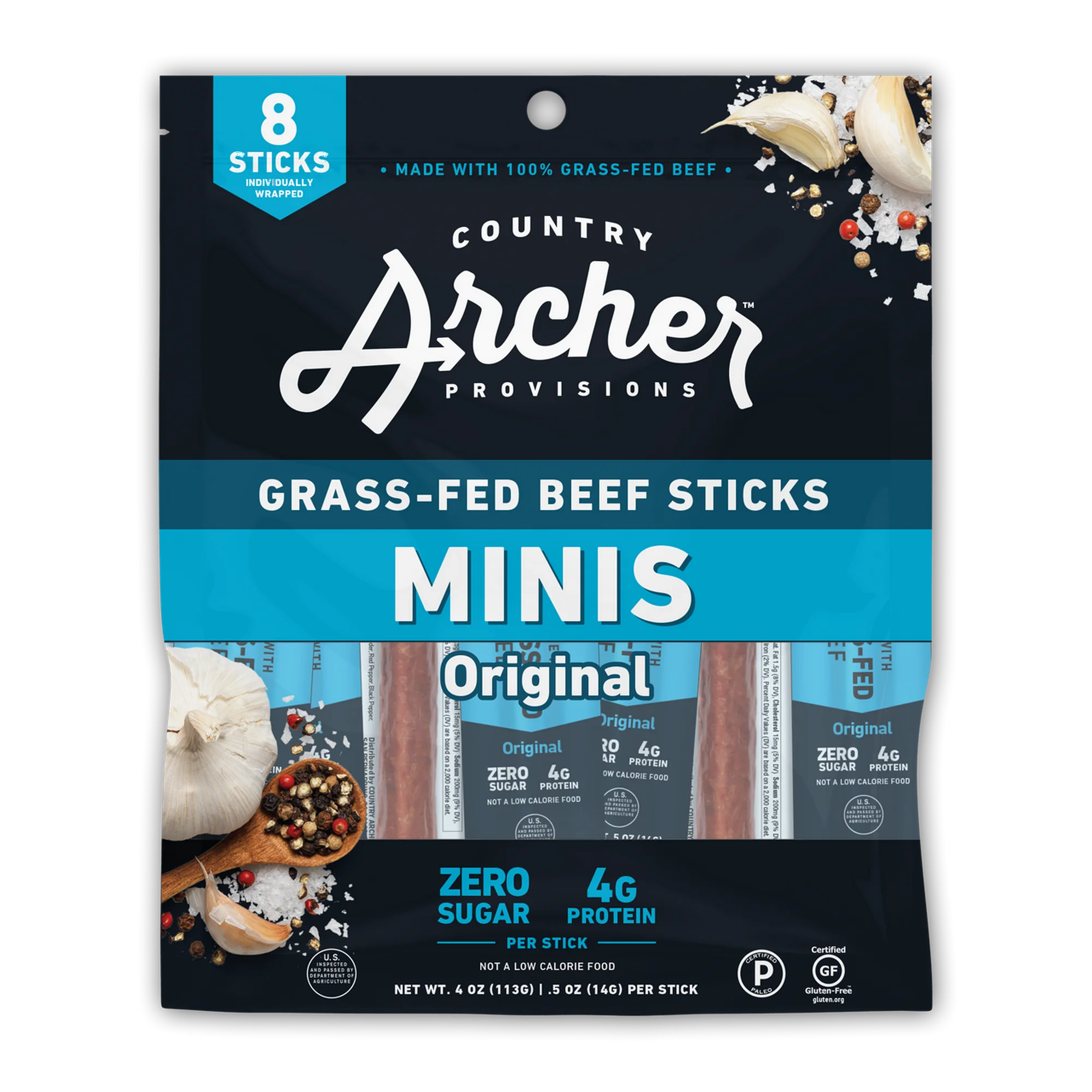 Country Archer Mini Beef Jerky Sticks - Grass Fed Beef Sticks Individually Wrapped, Mini Beef Sticks Bulk, Beef Jerky Snack Packs, Gluten Free, Paleo, Keto - 4 oz (Pack of 2)