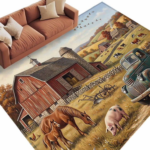 Farm Fresh Rug Country Area Rug 6x9 Washable Rug Non Slip Pig Cow Bird Truck House ...