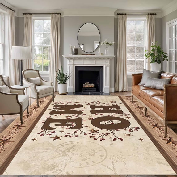 Country Area Rugs 5'x8', Washable Small Throw Rugs for Classroom Bedroom, Texas Star Plants Branches Berry Farmhouse Retro Indoor Outdoor Rug Non-Slip Low Pile Carpet Runner Reversible Floor Mats