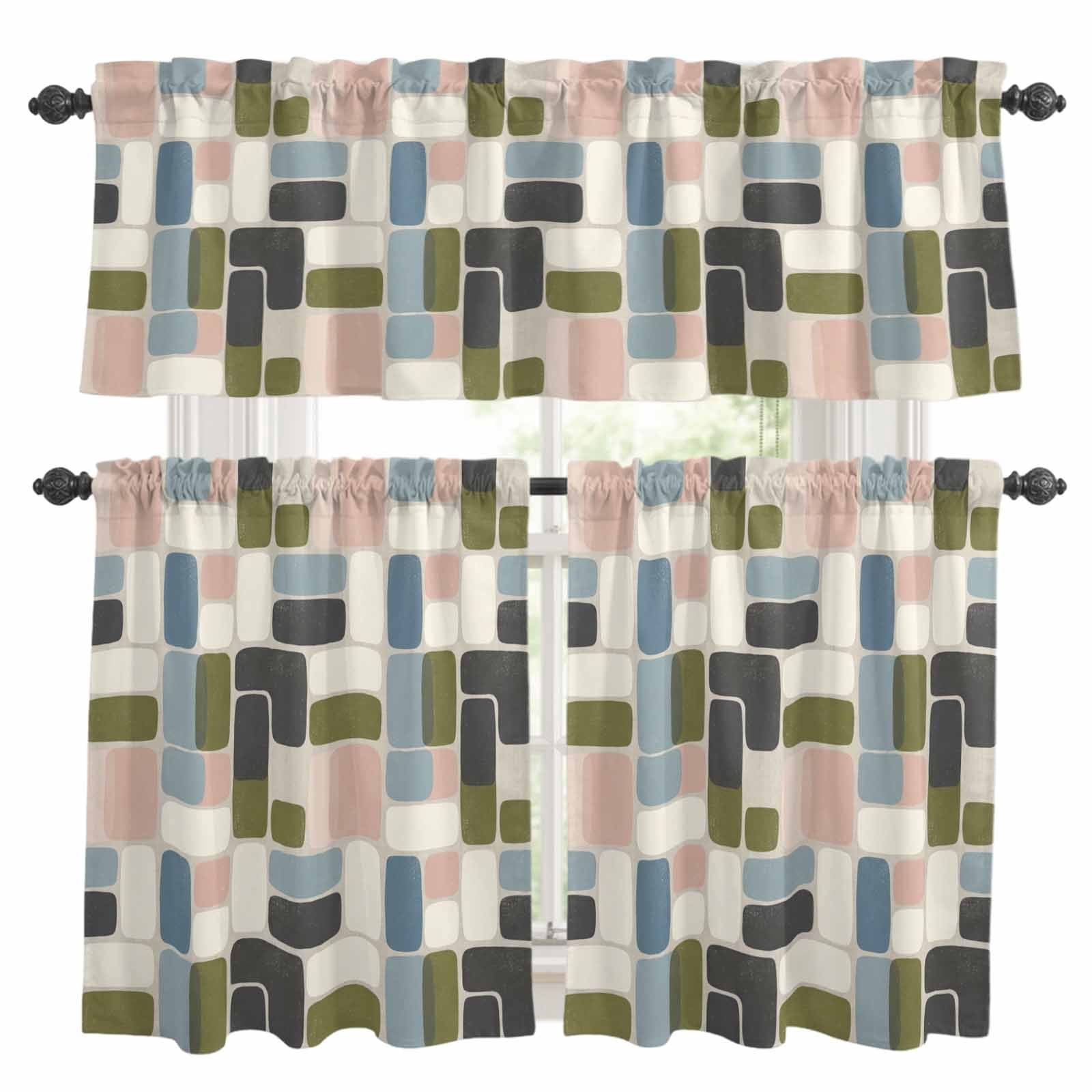 Country Art Kitchen Curtains and Valances Set, Watercolor Green Blue ...