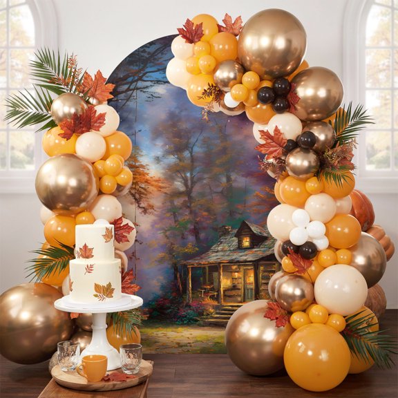 Country Autumn Forest Arch Backdrop Cover Spandex Fitted Arch Cover 6.6FT,Arches Backdrop Stand Covers for Wedding Birthday Party Ceremony Banquet Decoration Watercolor Cabin Swing Trees