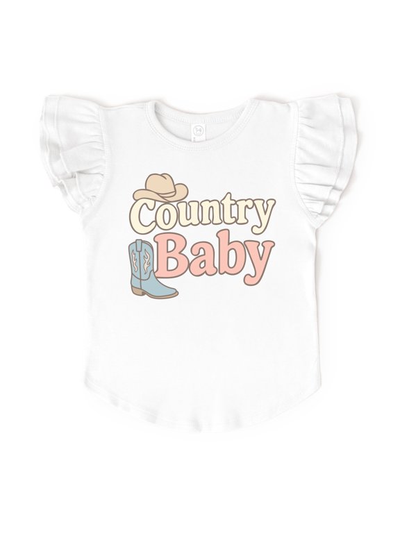 Country Baby Outline Pastel - Flutter Sleeve Graphic T-Shirt
