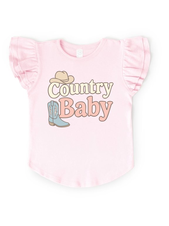 Country Baby Outline Pastel - Flutter Sleeve Graphic T-Shirt