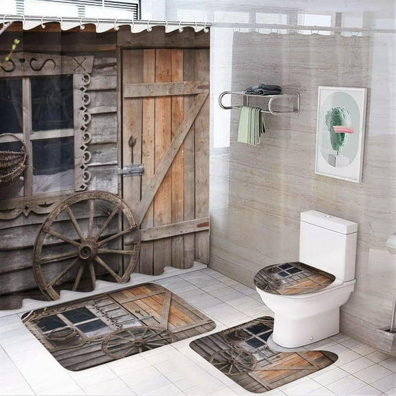 Country Barn Door 4 Pcs Shower Curtain set Bathroom Set Rustic Farmhouse Wooden Board Full Moon Shower Mat Shower Curtain with Rug 12 Hooks,72" W x 72" L
