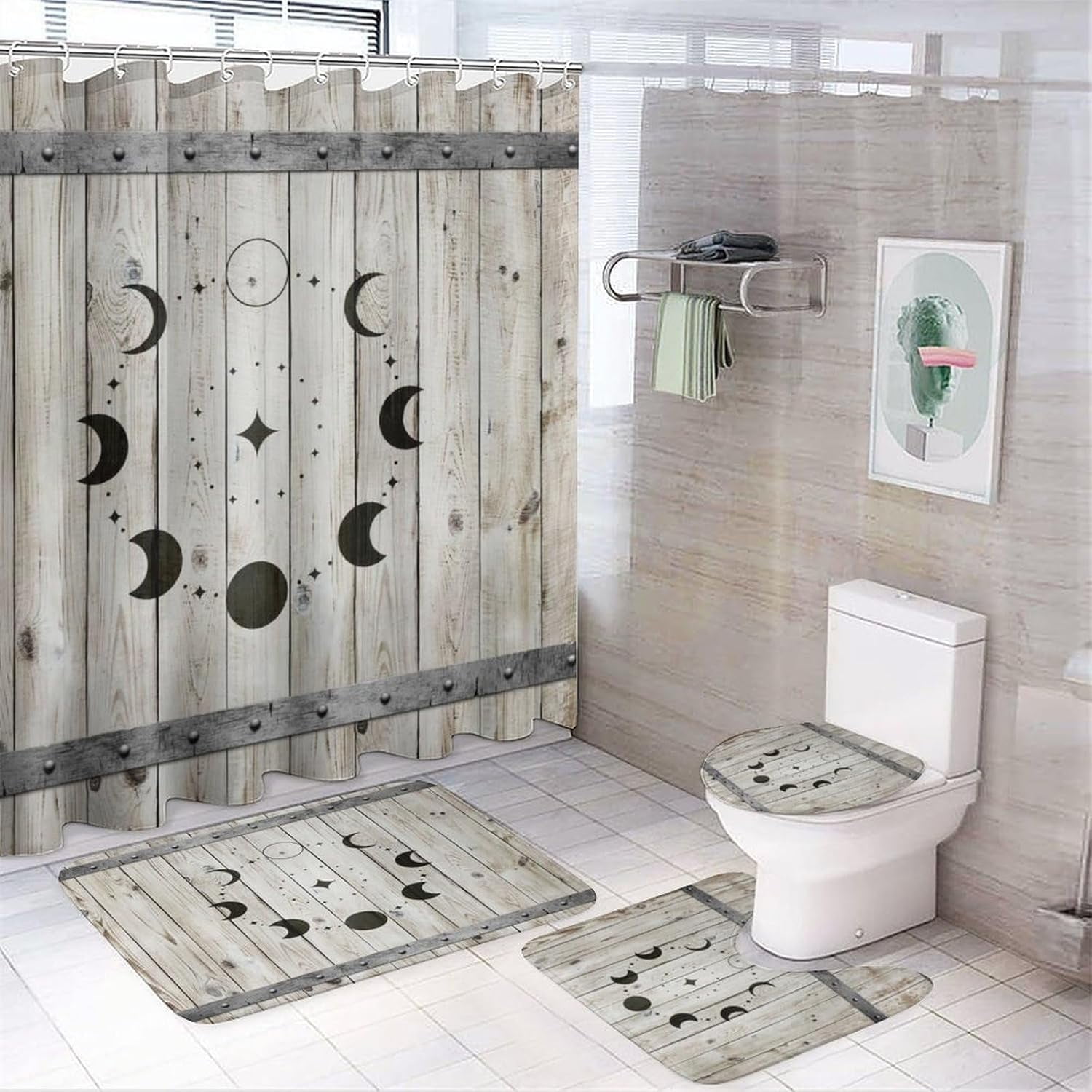 Country Barn Door 4 Pcs Shower Curtain set Bathroom Set Rustic Farmhouse Wooden Board Full Moon Shower Mat Shower Curtain with Rug 12 Hooks,72" W x 72" L