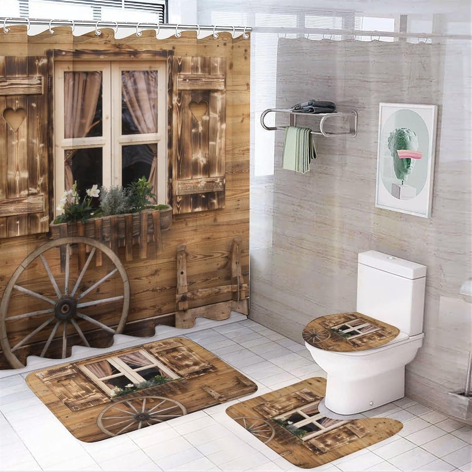 Country Barn Door 4 Pcs Shower Curtain set Bathroom Set Rustic Farmhouse Wooden Board Full Moon Shower Mat Shower Curtain with Rug 12 Hooks,72" W x 72" L