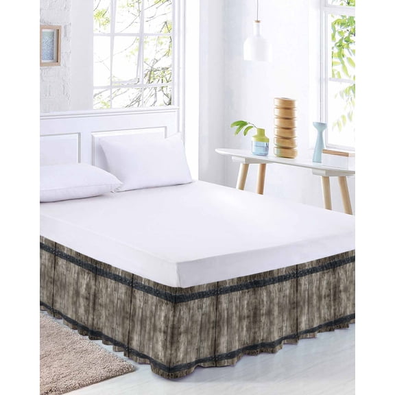 Country Barn Door Bed Skirt Queen Size 16 Inch Drop, Distressed Retro Brown Wood Grain Rivet Adjustable Elastic Dust Ruffles Bedskirt for Queen Bed Wrap Around Pleated Mattress Frame Cover