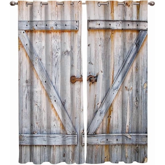 Country Barn Door Farm Door Window Curtains, Vintage Abstract Wooden Planks Window Curtain Set, 3D Printed Grommet Blackout Drapes For Adult Room Kids Room Nursery Office 42"W x 84"L (Pack of 2)