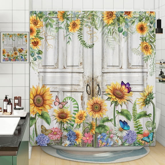 Country Barn Door Plant Leaves Shower Curtain, Western Rustic Door Sunflowers Cabin Primitive Fabric Shower Curtains Set for Bathroom, Farmhouse Restroom Decor Accessories with Hooks 72X 72 inch