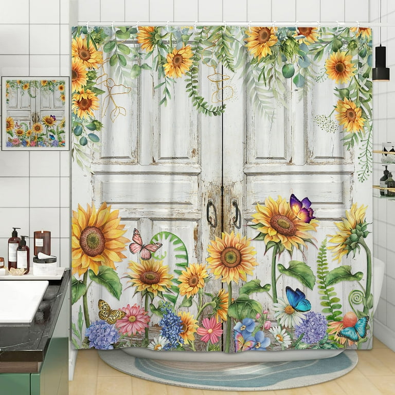 Country Barn Door Plant Leaves Shower Curtain, Western Rustic Door  Sunflowers Cabin Primitive Fabric Shower Curtains Set for Bathroom,  Farmhouse Restroom Decor Accessories with Hooks 72X 72 inch 