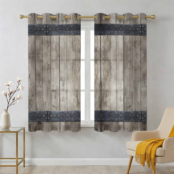 Country Barn Door Sheer Curtains 39 Inch Long 2 Panels, Distressed Retro Brown Wood Grain Rivet Light Filtering Semi Sheer Drapes Grommet Voile Window Curtain for Living Bedroom W27.9 x L39