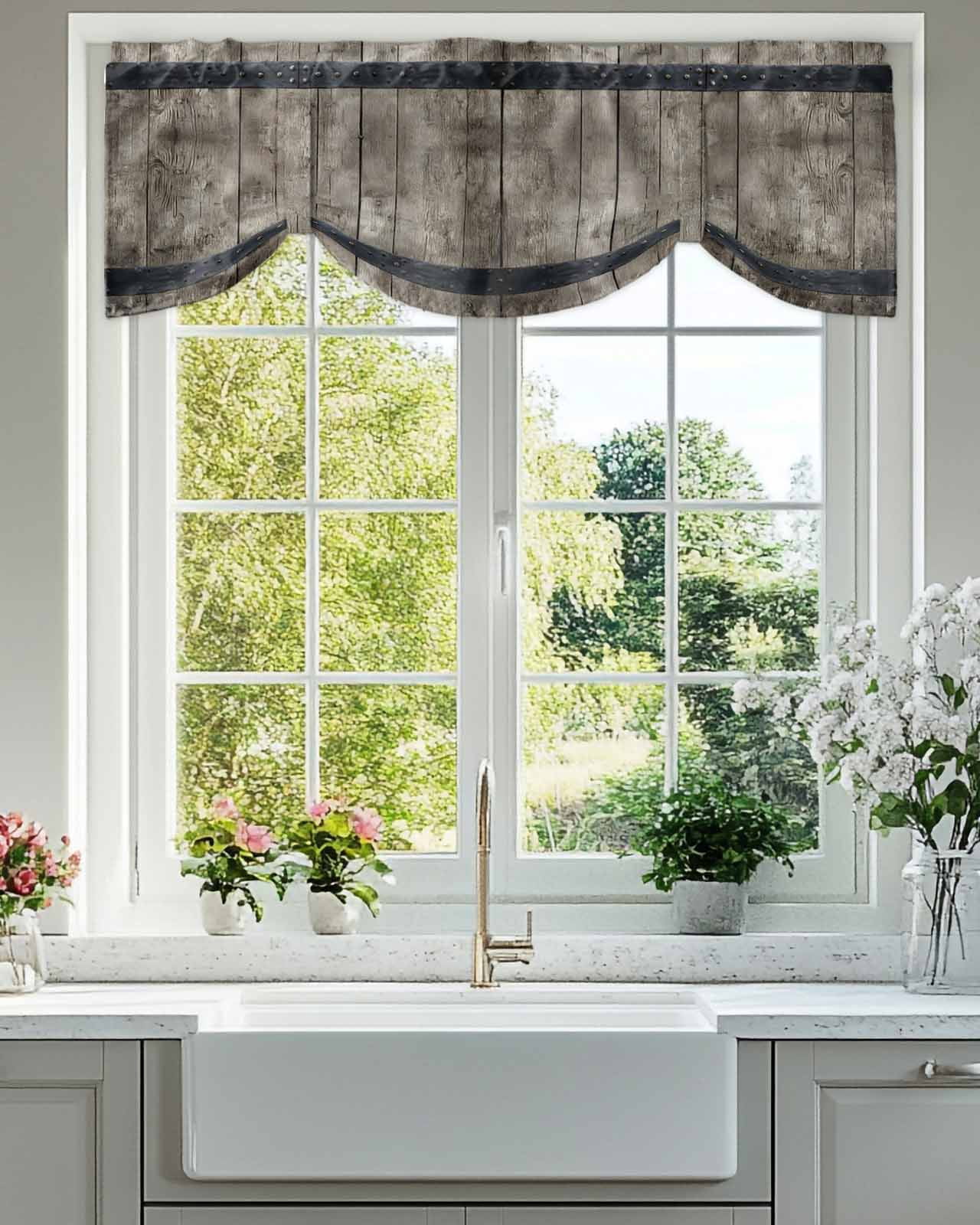 Country Barn Door Tie Up Valances Curtain, Adjustable Kitchen Distressed Retro Brown Wood Grain Rivet Valances for Windows Decor, Rod Pocket Short Curtains Set for Bedroom/Bathroom, 54"x18"