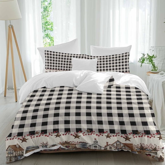 Country Barn Duvet Cover Set Twin Size, House Bucket Farmhouse Black Buffalo Plaid 4 Piece Soft Microfiber Bedding Set with 1 Duvet Cover, 1 Flat Sheet, 2 Pillowcases