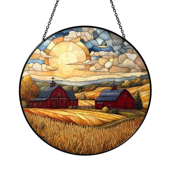 Country Barn Field Stained Glass Suncatcher – Farmhouse Window Decor