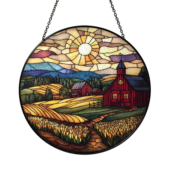 Country Barn Glass Window Decor, Cornfield Landscape Suncatcher Hanging Art, Thanksgiving Home Accent