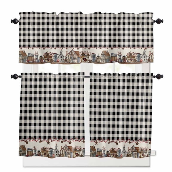 Country Barn Kitchen Curtains Valance and Tier Set House Bucket Farmhouse Black Buffalo Plaid Rod Pocket Short Curtains for Small Window 3 Pieces Set for Bedroom Bathroom Cafe (54" x 18"+27" x 36")