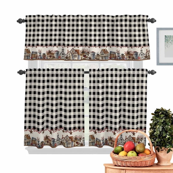 Country Barn Kitchen Curtains Valances 3 Piece Set, House Bucket Farmhouse Black Buffalo Plaid Rod Pocket Tier Curtain and Valance Drapes for Small Window 24 Inch Length for Bedroom Cafe