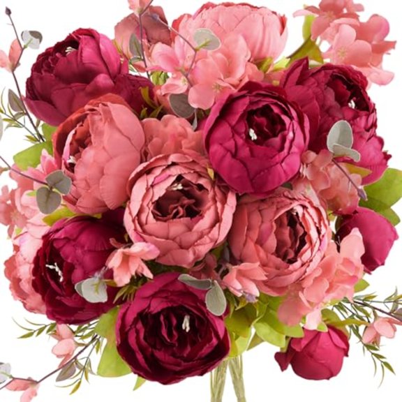 Country Barn Red Peony Bouquets 2 Bundles Artificial Silk Flowers with Hydrangeas for Wedding Centerpieces Home Decor
