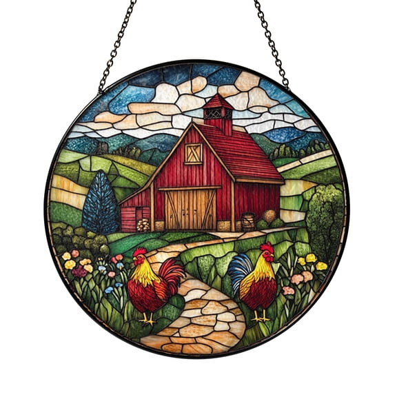 Country Barn Rooster Illustration Stained Glass Style Window Panel
