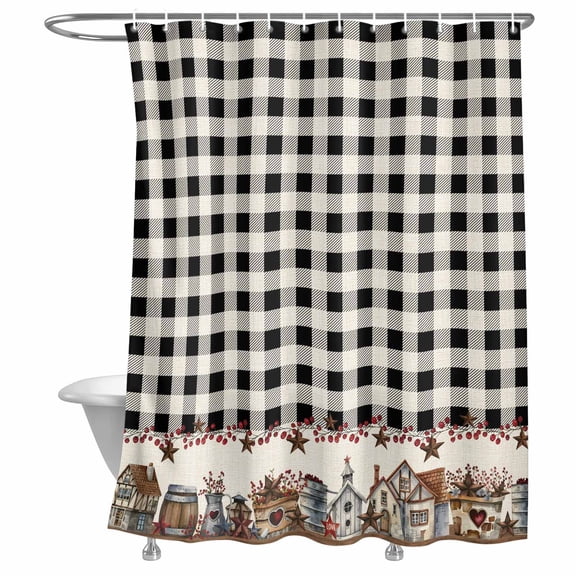 Country Barn Shower Curtain, House Bucket Farmhouse Black Buffalo Plaid Lightweight Waterproof Fabric Shower Curtain with Rustproof Grommets for Bathroom Bathtub 36x72in