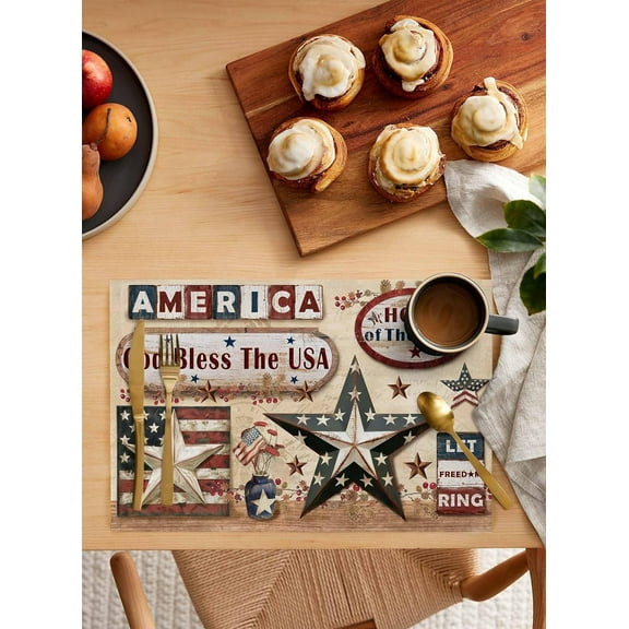 Country Barn Star Placemats Set of 6, Washable Woven Burlap Cloth Fabric Placemat for Square/Rectangle/Round/Oval Dining Table, Easy Clean Place Mats for Toddlers, Kids Browm Retro Berry 4th of July